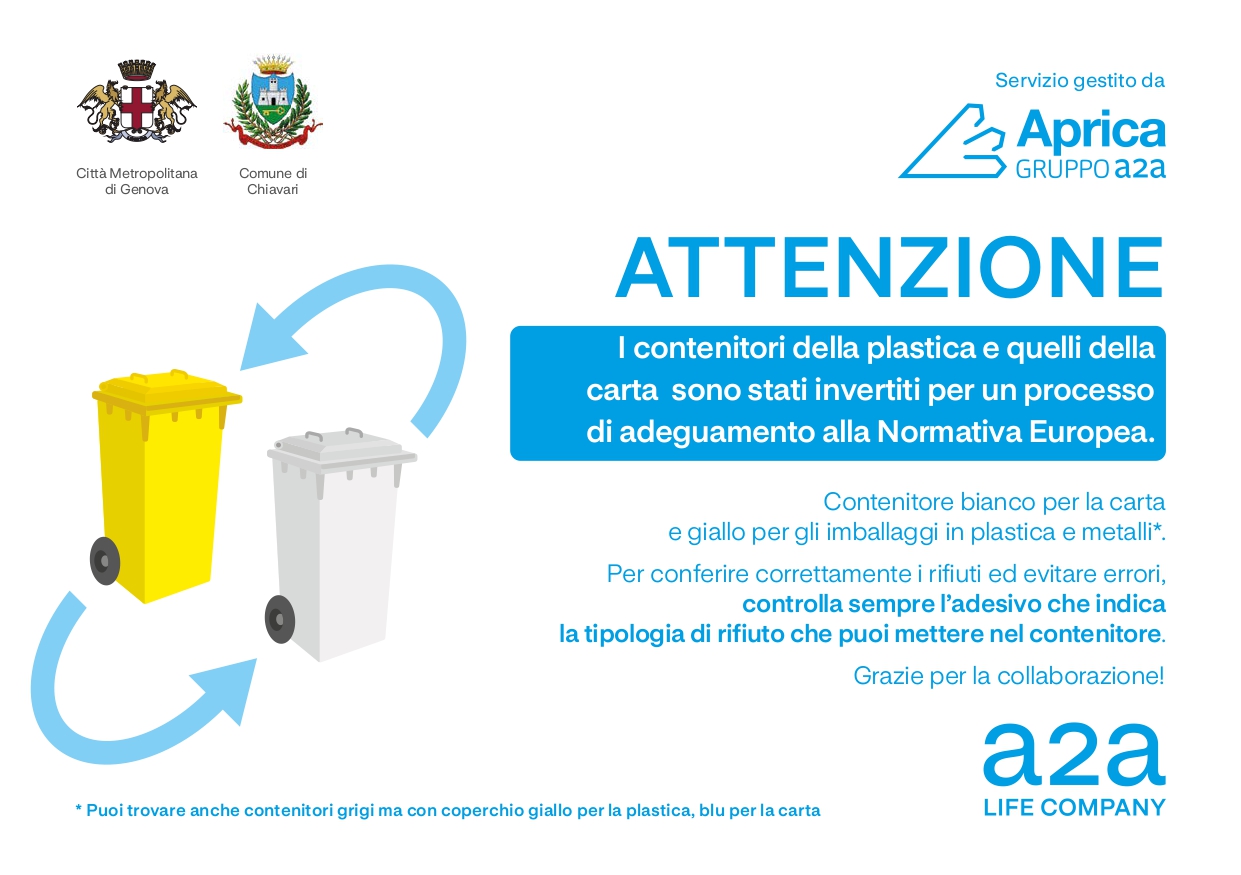 Chiavari, cambia il colore dei contenitori per la raccolta differenziata