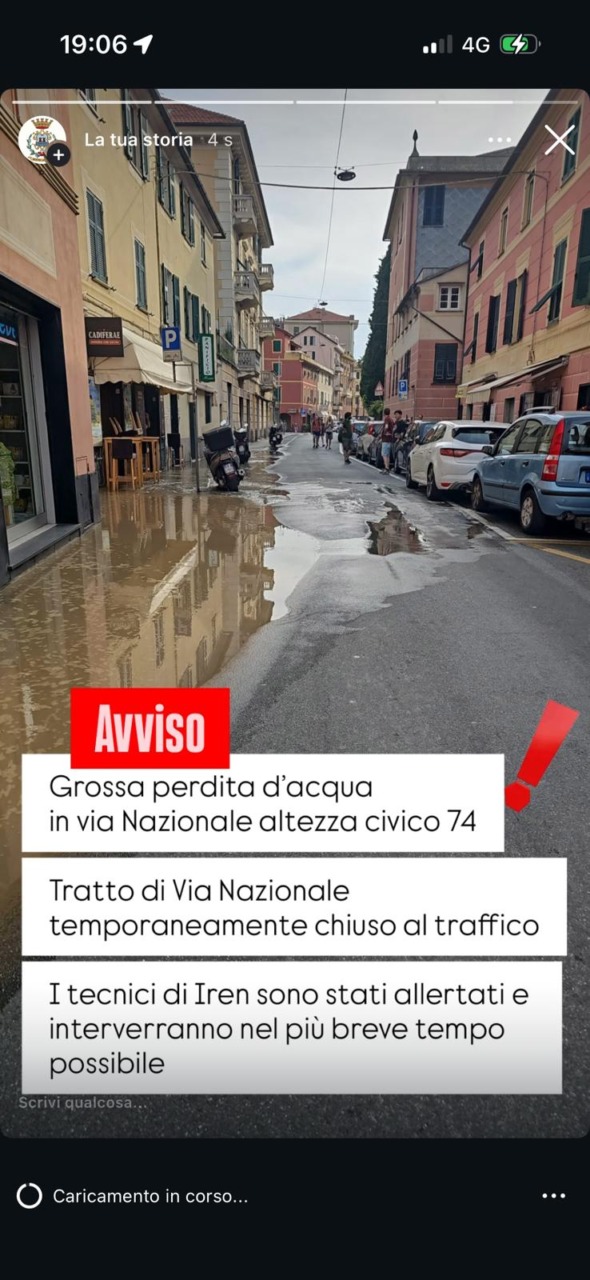 Chiusura di via Nazionale a Sestri Levante per perdita d’acqua