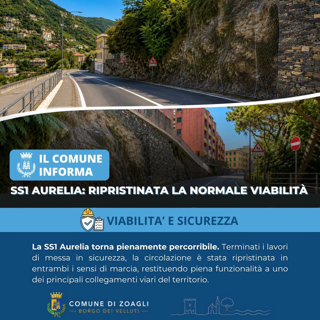 Zoagli: riaperta la SS1 Aurelia dopo i lavori di messa in sicurezza